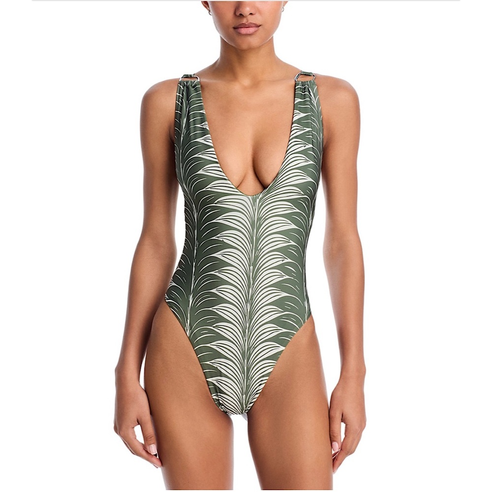 Palmacea Jana Plunge Neck One Piece Swimsuit Palms Green White XS